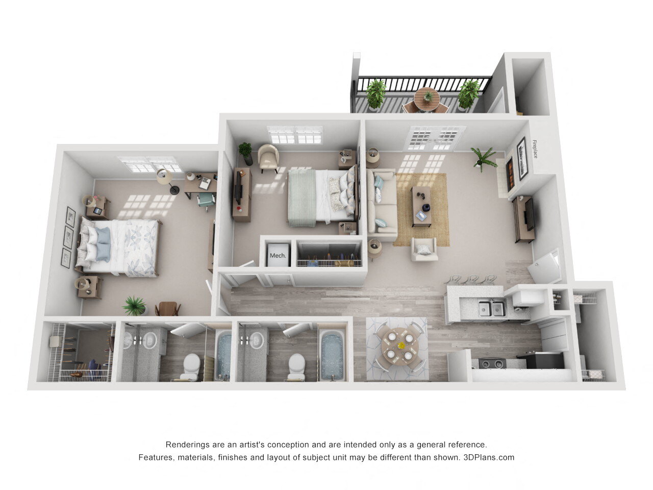 Floor plan for 2 beds, 2 baths, 968 sqft